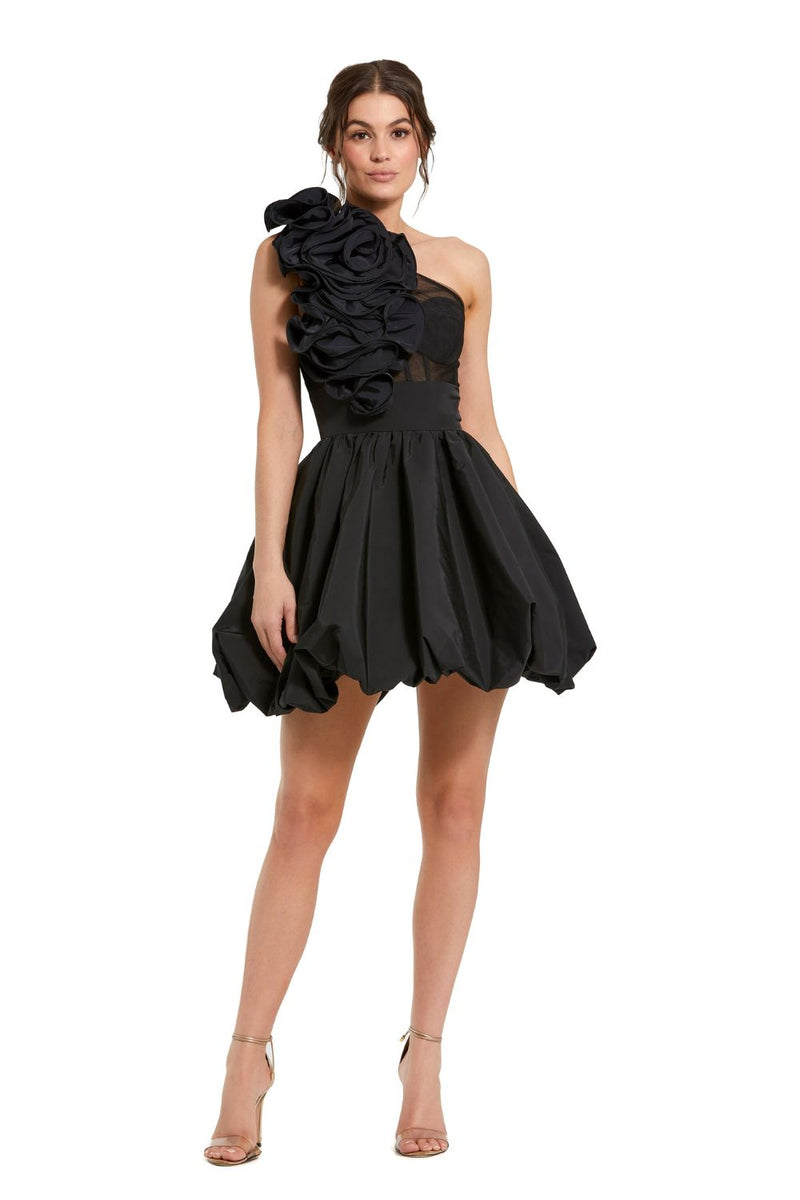 49858-Taffeta One Shoulder Ruffle Bubble Mini Dress by Mac Duggal in black color for women in Singapore