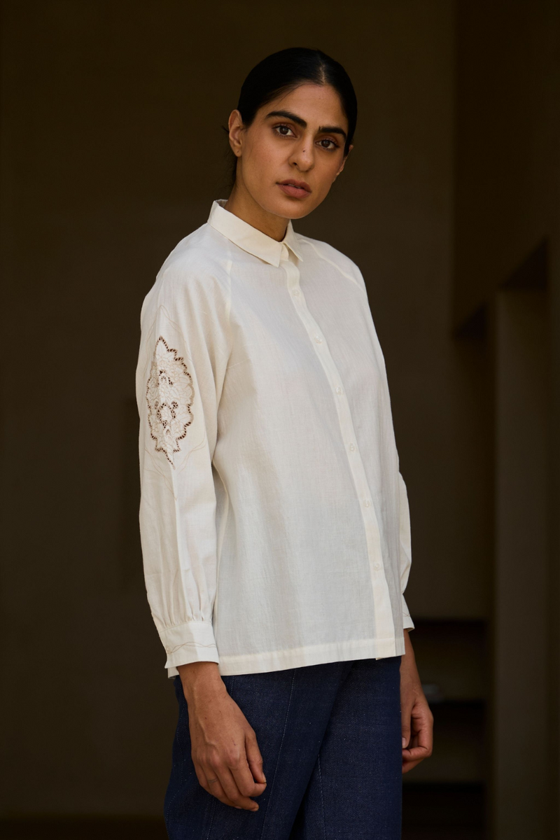 Yeji Handwoven Embroidered Shirt cotton by The Summer House in white color for women in Singapore