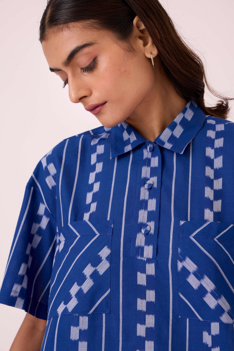 Alyosha Blue Striped Ikat Shirt cotton by The Summer House in blue color for women in Singapore
