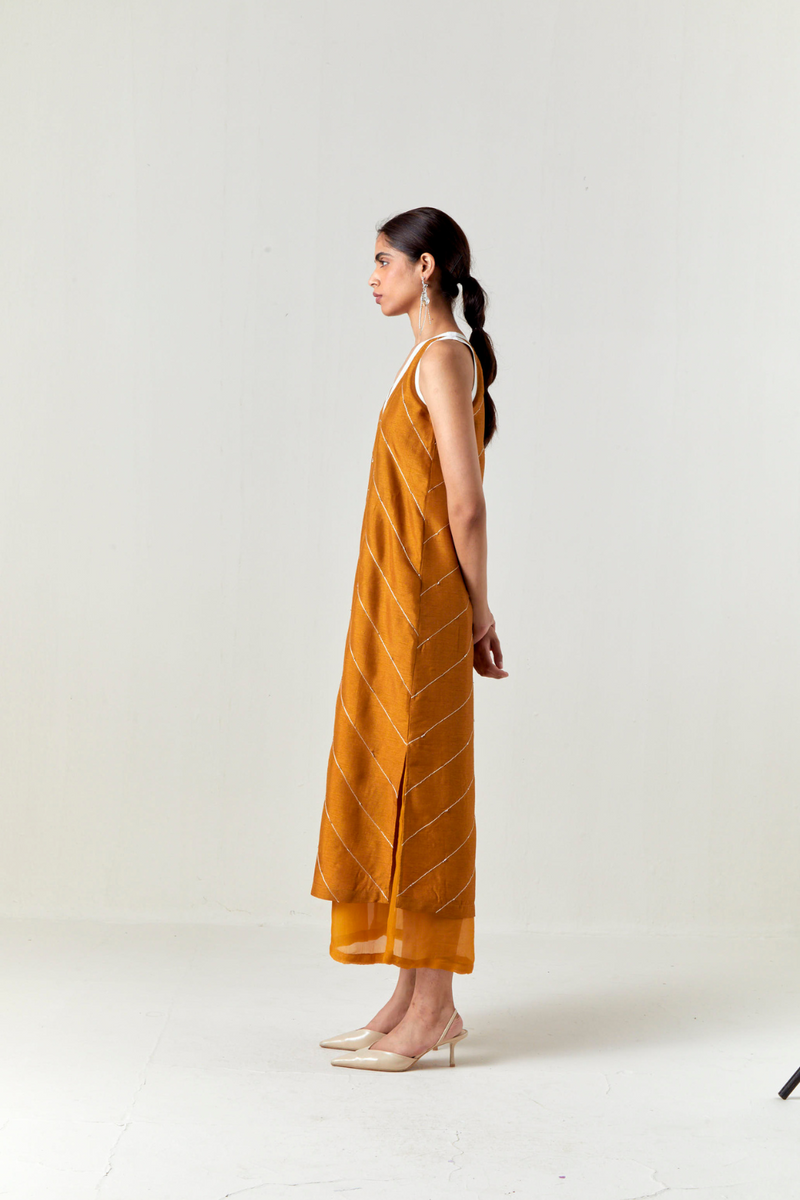 V-NECK EMBELLISHMENT DETAIL DRESS-OCHRE silk by THREE for women in Singapore