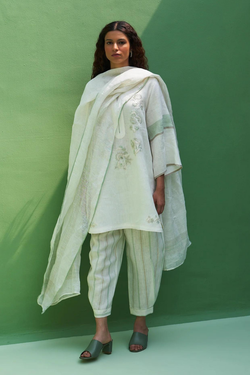 Insha Hand-Embroidered Kurta Set
- Ivory linen by Manan in ivory color for women in Singapore
