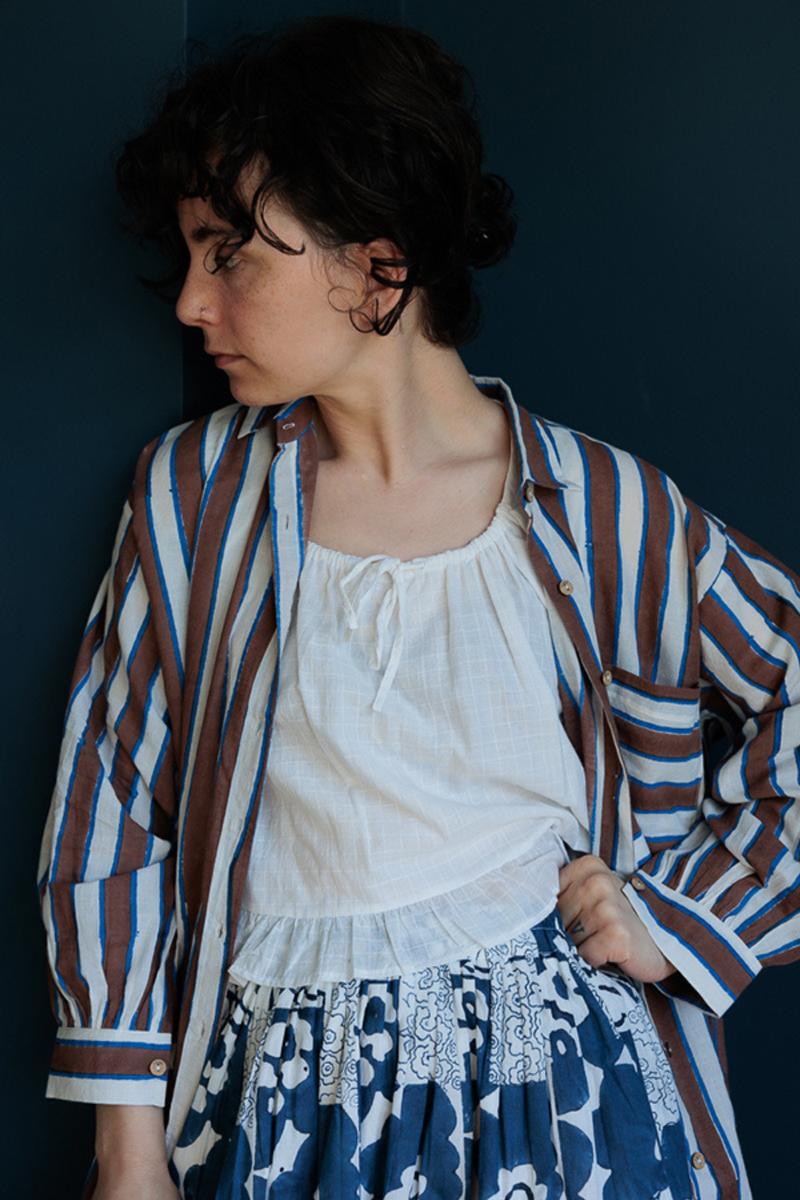 Artist Smock-Brown stripes handwoven cotton top/shirt by World of Crow in multicolor for women in Singapore