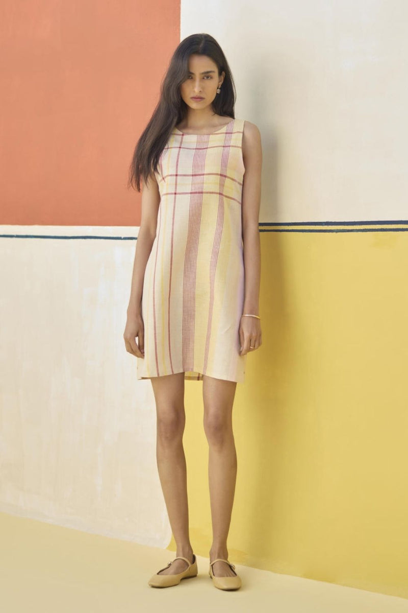 Nora Check Linen Shift Dress - Sand linen by Manan in natural color for women in Singapore