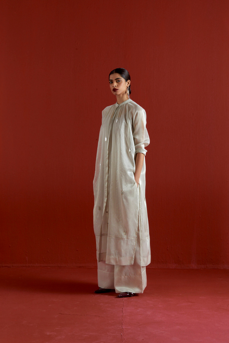 EMB. GATHER NECK SHIRT CO-ORD-METALLIC GREY tissue by THREE in grey color for women in Singapore