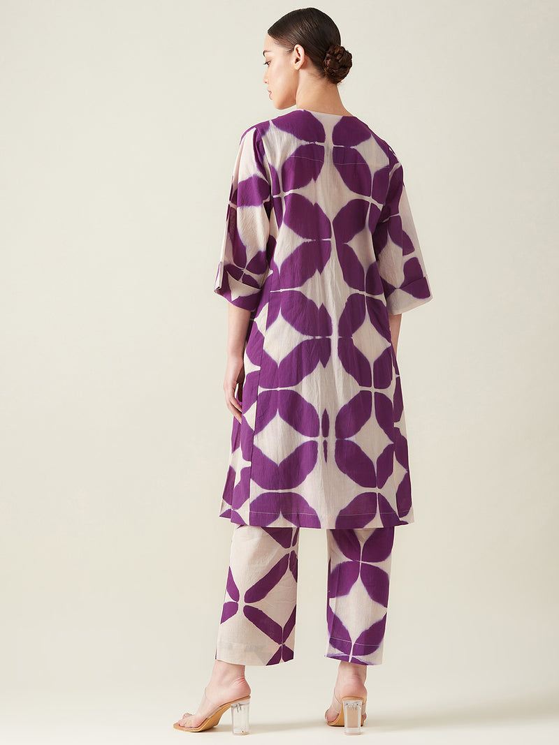 Purple Clamp Dye Embroidered Co ord set cotton Light Kurta Sets by Aavidi for women in Singapore
