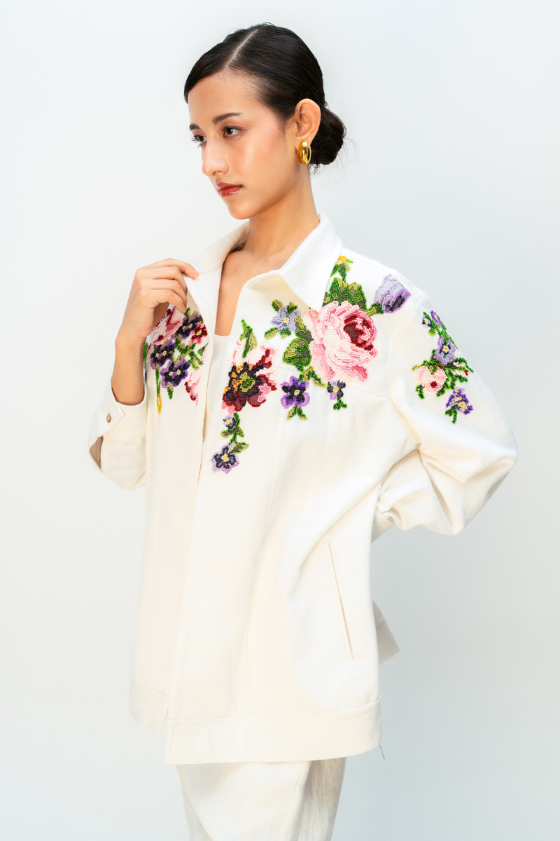 TINTS OF YOU JACKET handwoven denim jacket/overlay by Ode to Odd in off white for women in Singapore