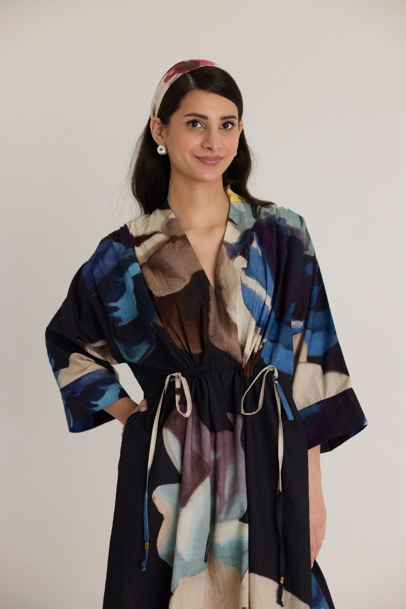 ROCCO DRAWSTRING KAFTAN DRESS poplin by Yam in black color for women in Singapore