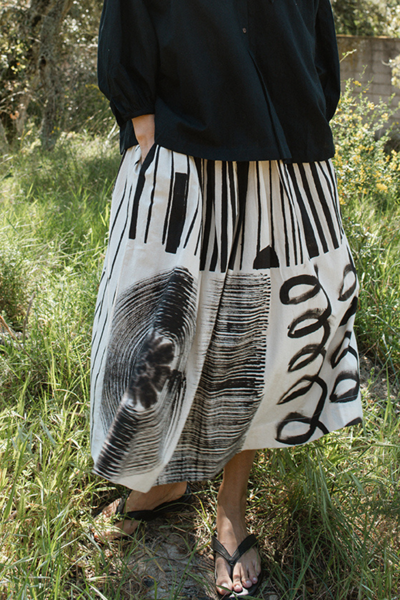The Joy Skirt-Painted Black handwoven cotton skirt by World of Crow in black motif for women in Singapore