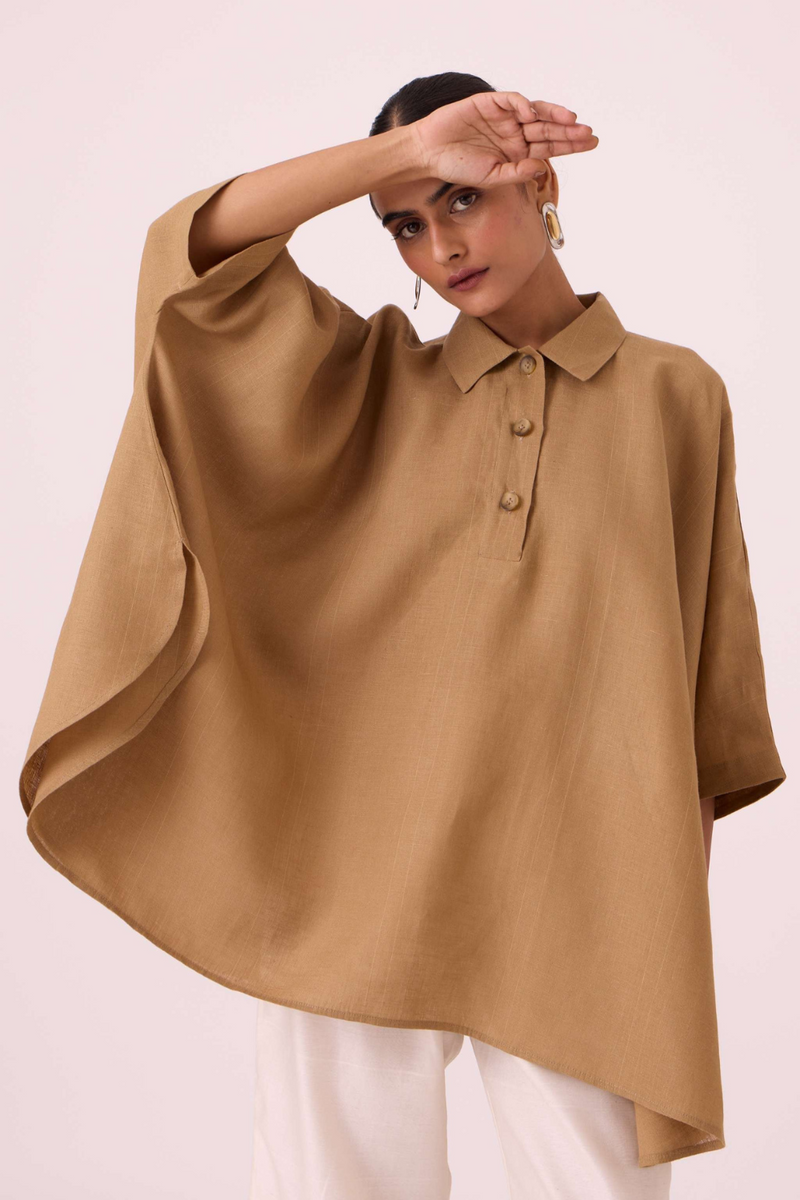 Liberty Tan Linen Cape Top linen by The Summer House for women in Singapore