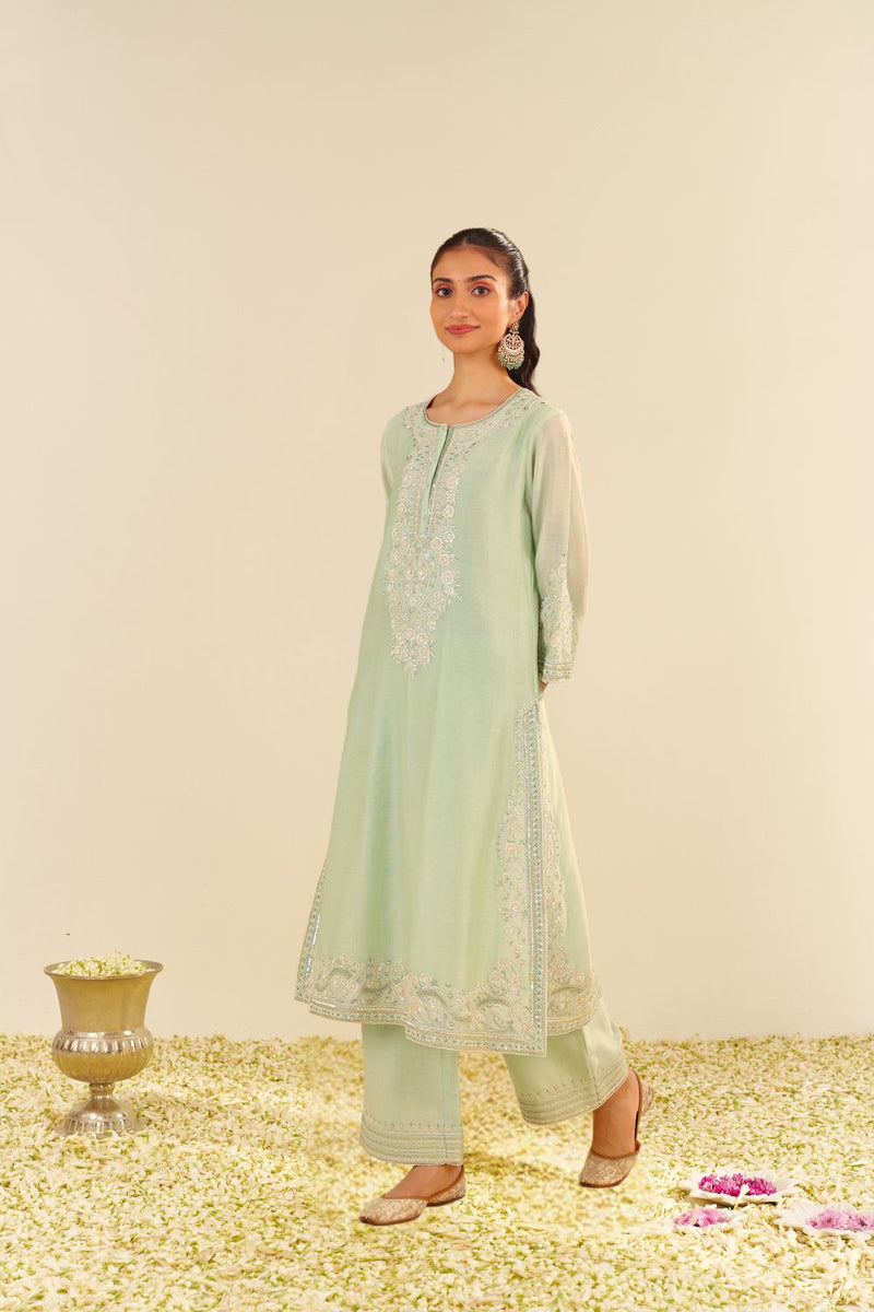 Sereen - A-Line Kurta With Palazzo And Dupatta-Mint Green silk by SHEETAL BATRA in mint color for women in Singapore