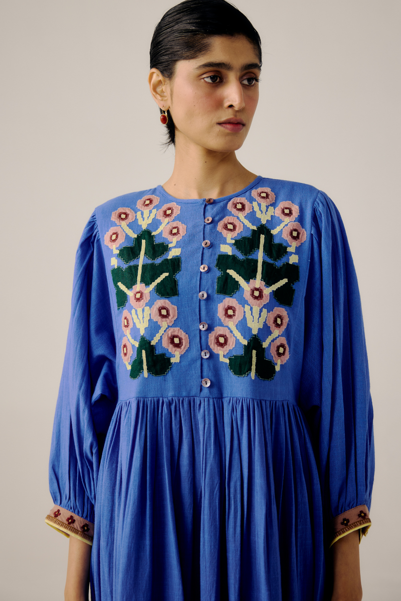 Peasant Dress - Electric Blue linen by CORD in blue for women in Singapore