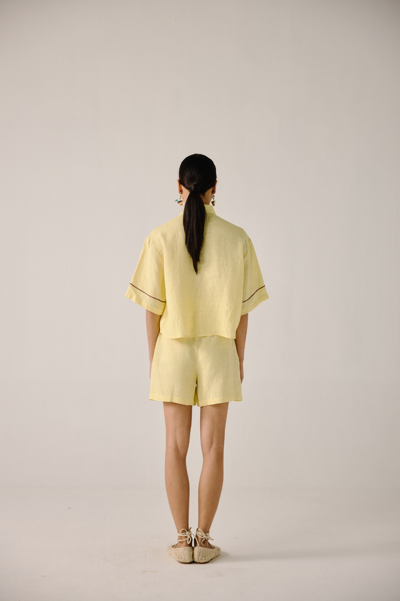 Leo Set - Butter Yellow Fish Embroidery linen by CORD in yellow for women in Singapore