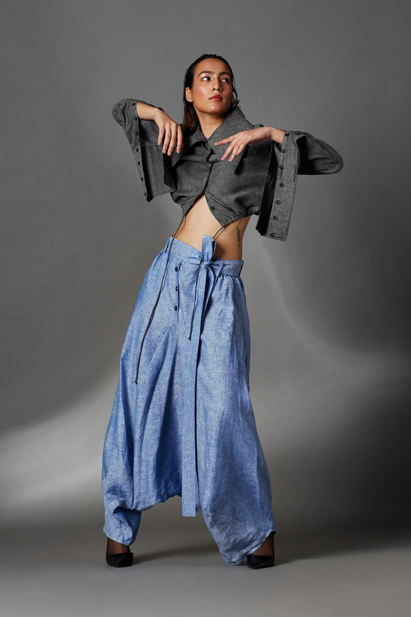 Abir Trousers in Blue-Light Blue linen by Chola in blue color for women in Singapore