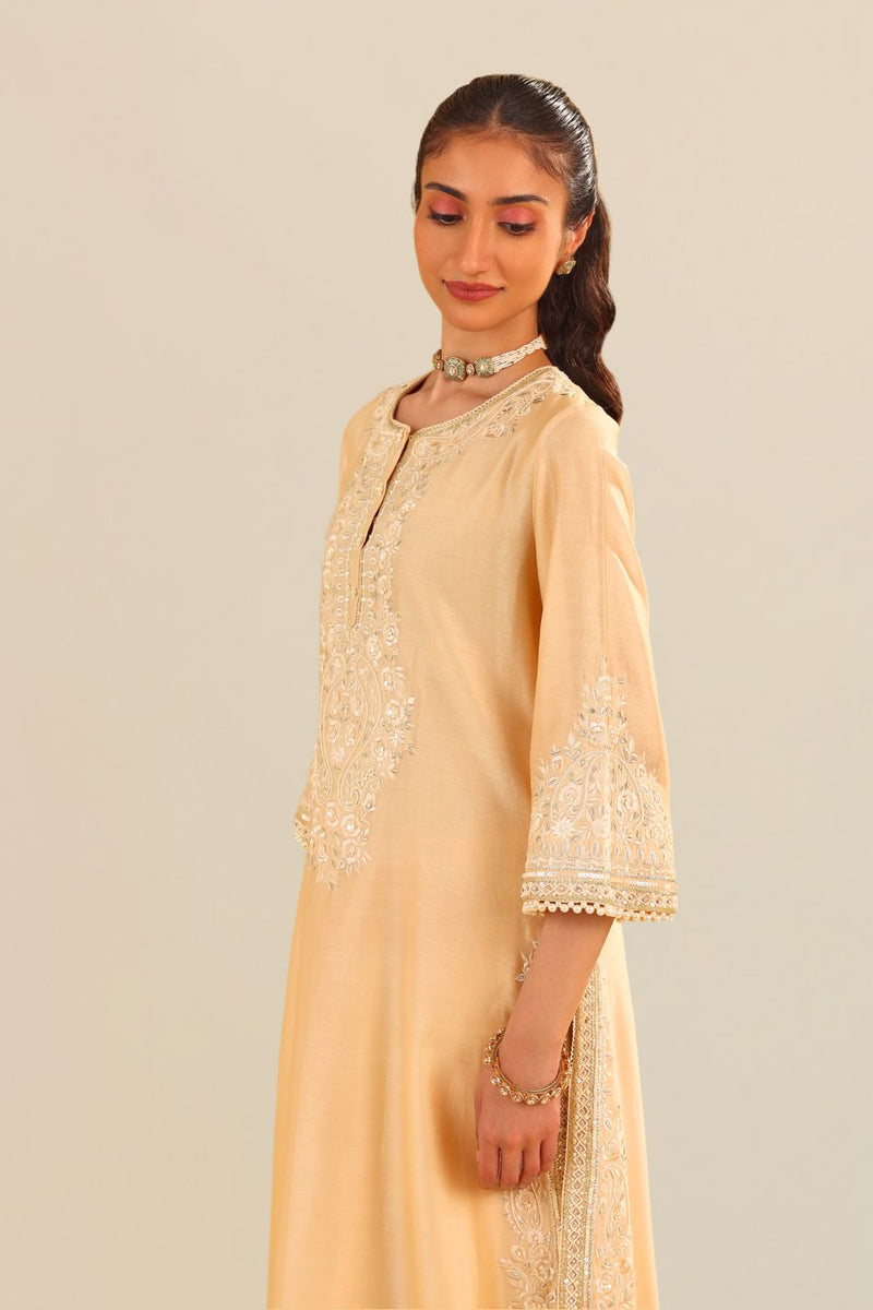 Sereen - A-Line Kurta With Palazzo And Dupatta-Beige silk by SHEETAL BATRA in beige color for women in Singapore