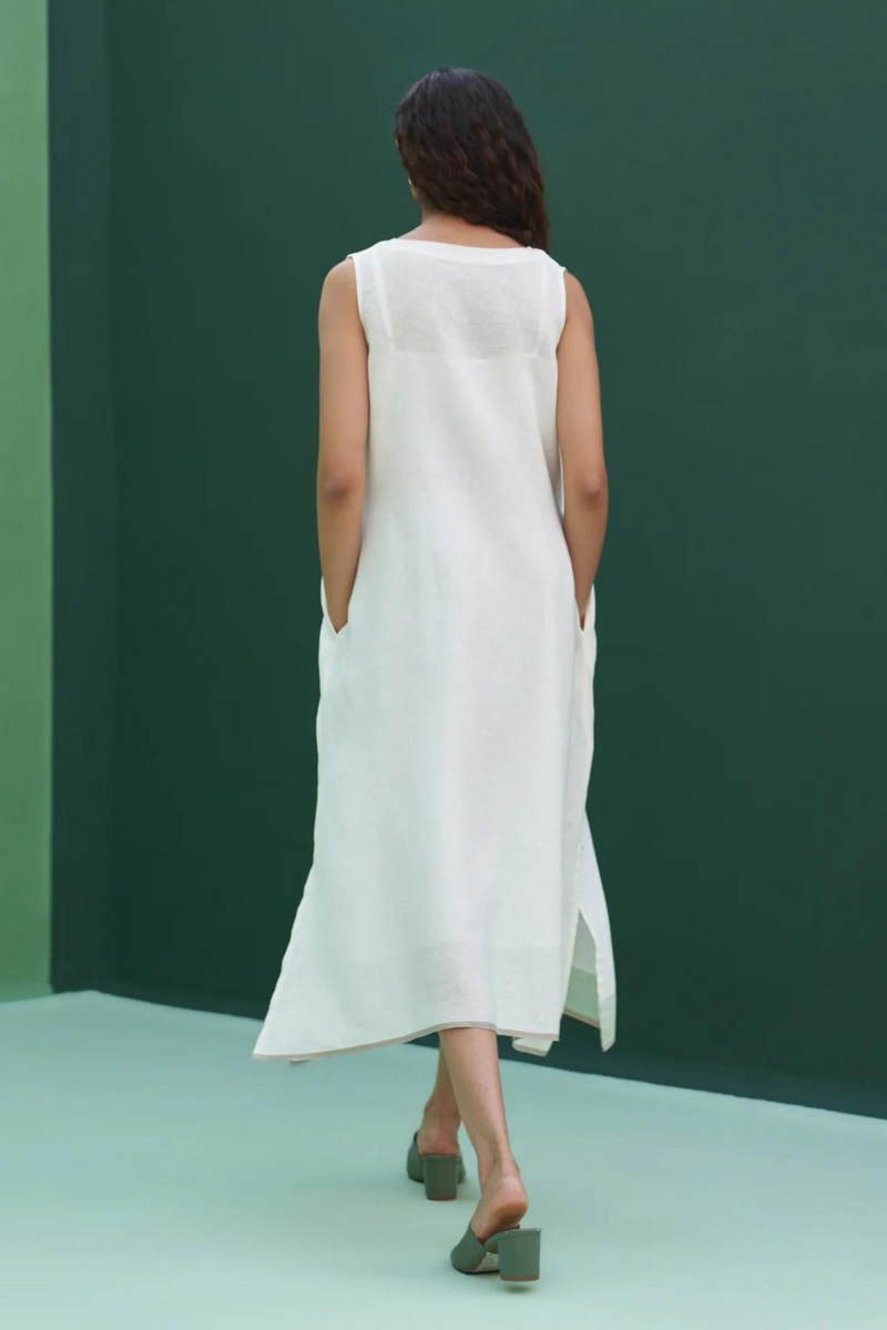 Jin Border Linen Dress 
- Ivory linen by Manan in ivory color for women in Singapore