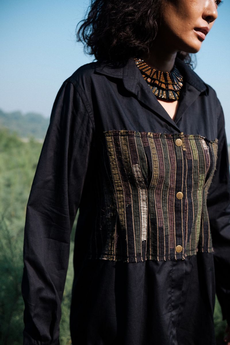 Upcycled Hunza Shirt - Black Green cotton by The Terra Tribe in green color for women in Singapore