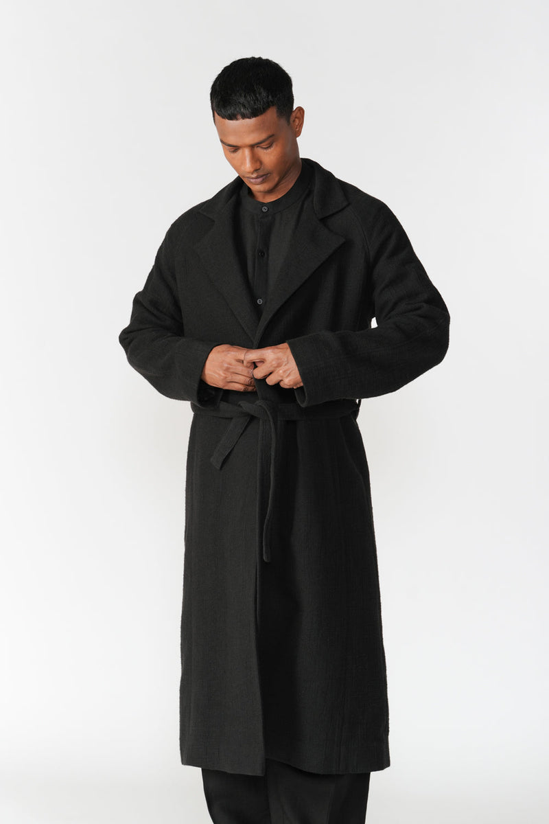 Chenille Notch Lapel Long Overcoat jacket/overlay by Turn Black in black for men in Singapore