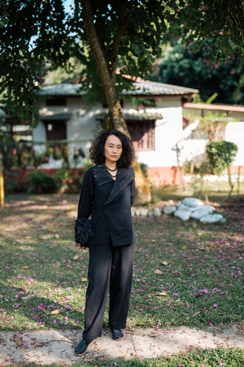 Upcycled Handwoven Arrow collar shirt - Black Green cotton by The Terra Tribe in green color for women in Singapore