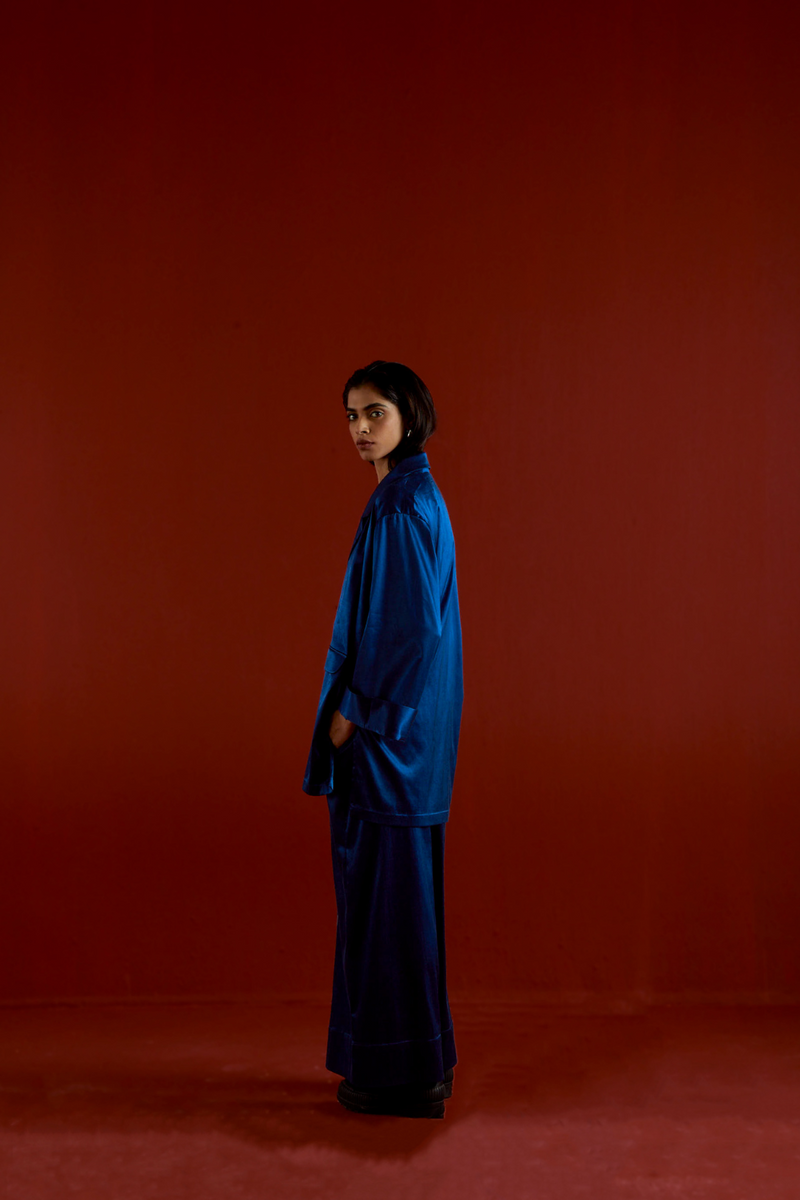 WIDE SLEEVE JACKET CO-ORD-ELECTRIC BLUE satin by THREE in blue color for women in Singapore