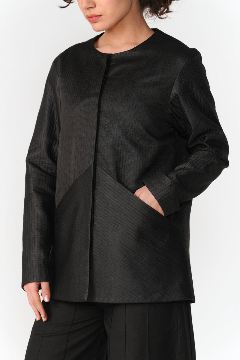 Round Neck Mashru Jacket jacket/overlay by Turn Black in black for women in Singapore