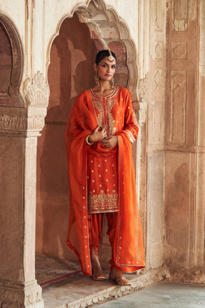 FAHMIDA - BURNT ORANGE SHORT KURTA WITH SALWAR chanderi silk kurta/kurta set by SHEETAL BATRA in orange for women in Singapore