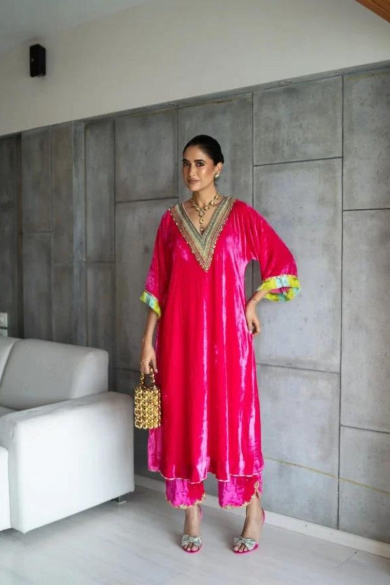 Nadira Hot Pink Velvet Kaftan Kurta Set by Rajiramniq in pink color for women in Singapore
