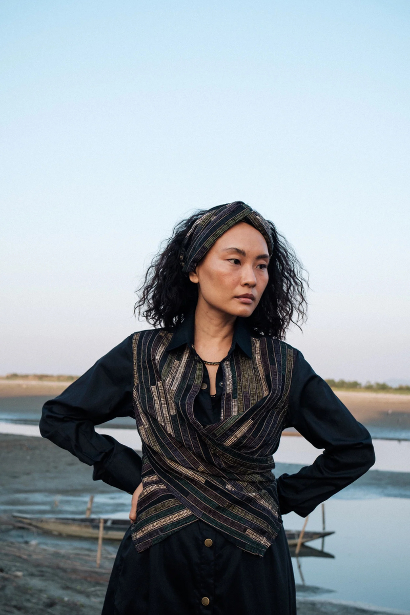 Upcycled Handwoven Seattle Wrap Calf Dress - Black Green cotton by The Terra Tribe in green color for women in Singapore