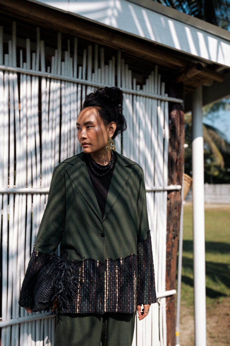 Upcycled Handwoven Ying Yang Blazer - Green cotton by The Terra Tribe in green color for women in Singapore