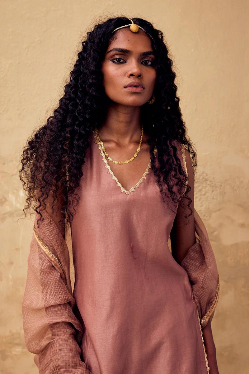 Kishmish Sharara set with Dupatta chanderi by Khara Kapas in brown for women in Singapore