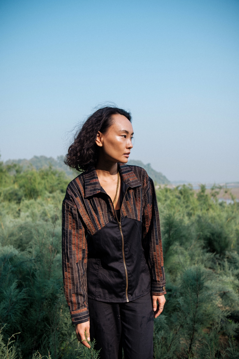 Upcycled Arizona Shirt - Black Copper cotton by The Terra Tribe in black color for women in Singapore