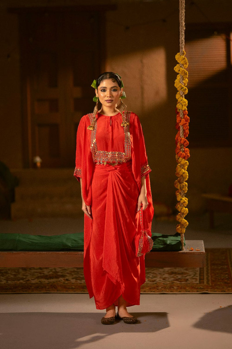 Ramani Nexa Red Hi Low Top & Wrap Skirt Set- Red