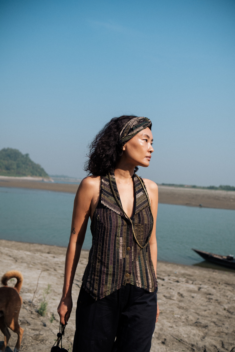 Upcycled Country Vest - Green cotton by The Terra Tribe in green color for women in Singapore