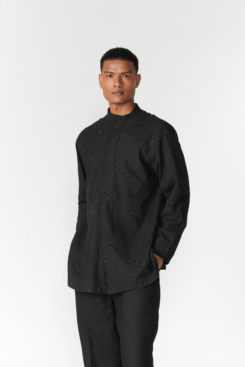 Patchwork Double Placket Shirt top/shirt by Turn Black in black for men in Singapore