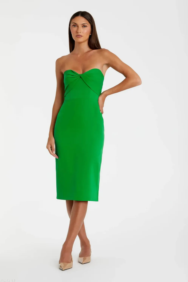 Green Crepe Strapless Twist Top Fitted Midi Dress by Mac Duggal in green color for women in Singapore