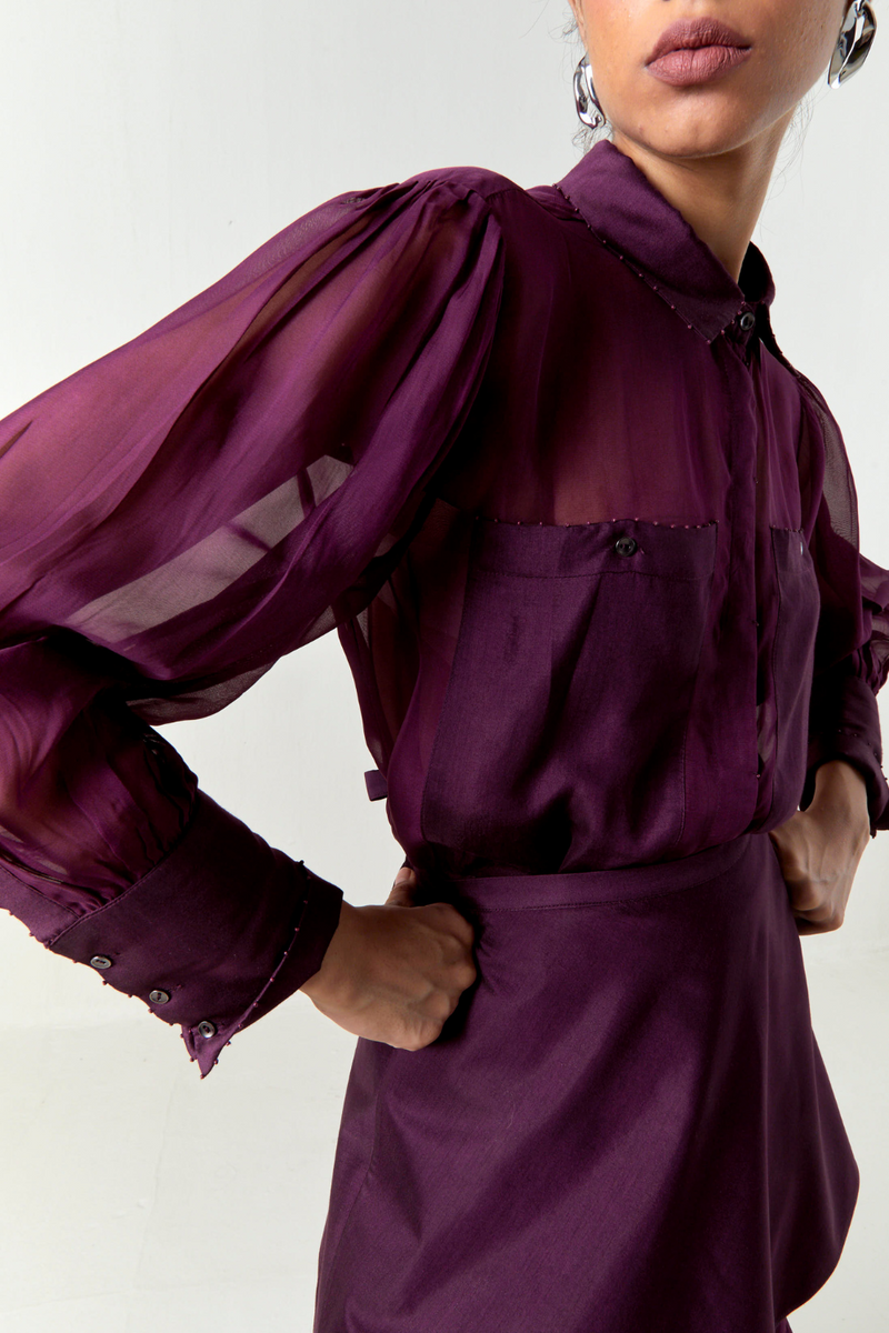 BEADED COLLAR SHEER SHIRT CO-ORD-WINE organza by THREE for women in Singapore
