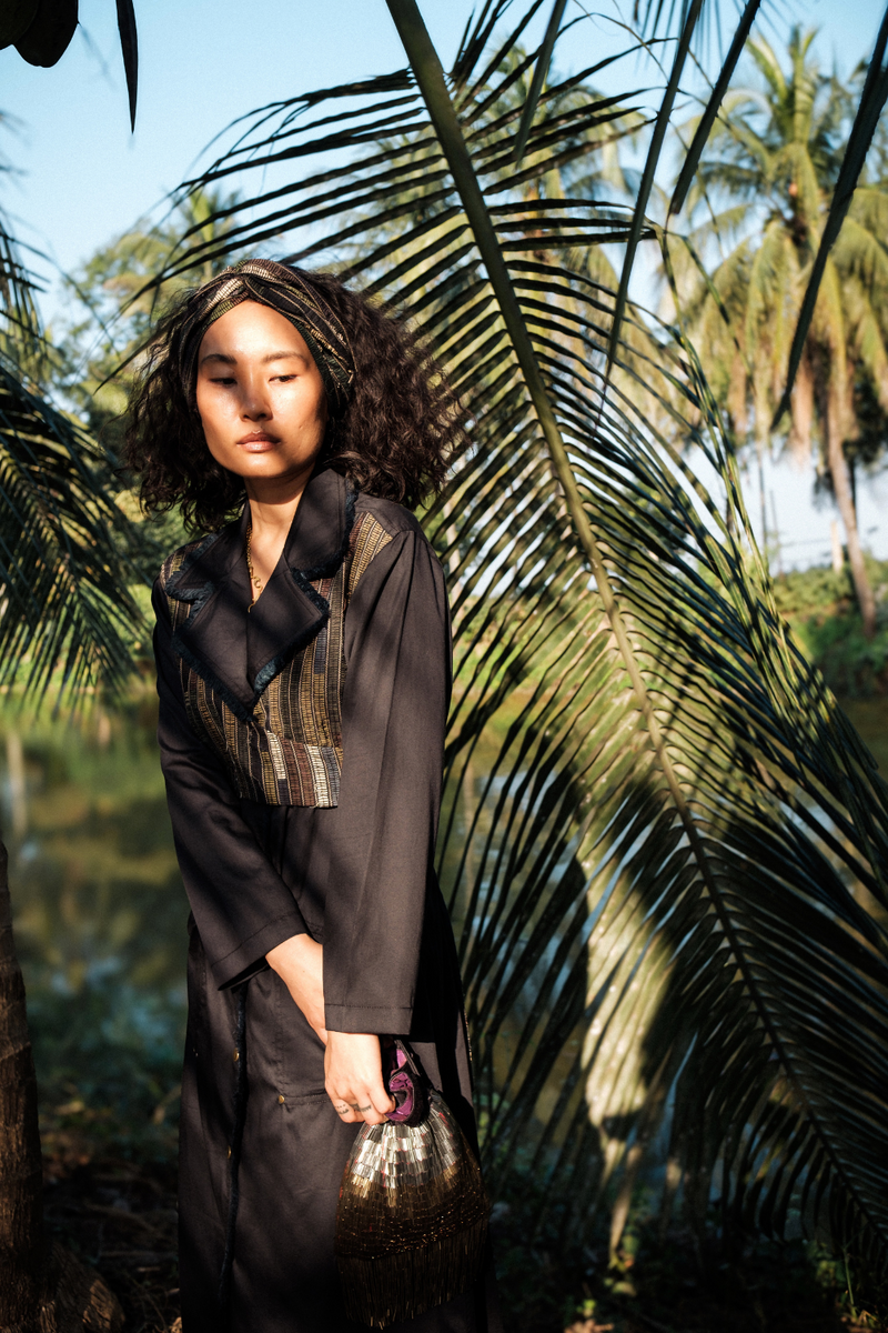 Upcycled Copenhagen Trench - Black Green cotton by The Terra Tribe in green color for women in Singapore