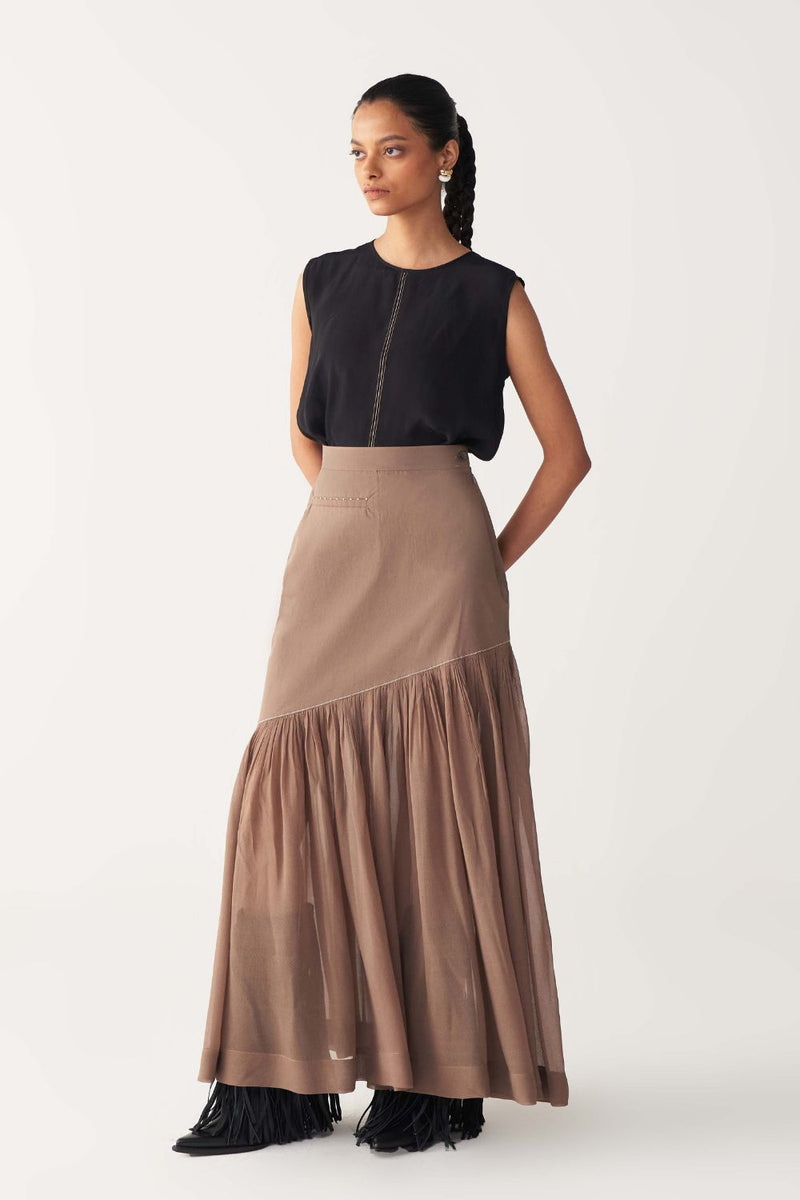 SHEER PANEL SKIRT-CEDAR poplin by THREE for women in Singapore