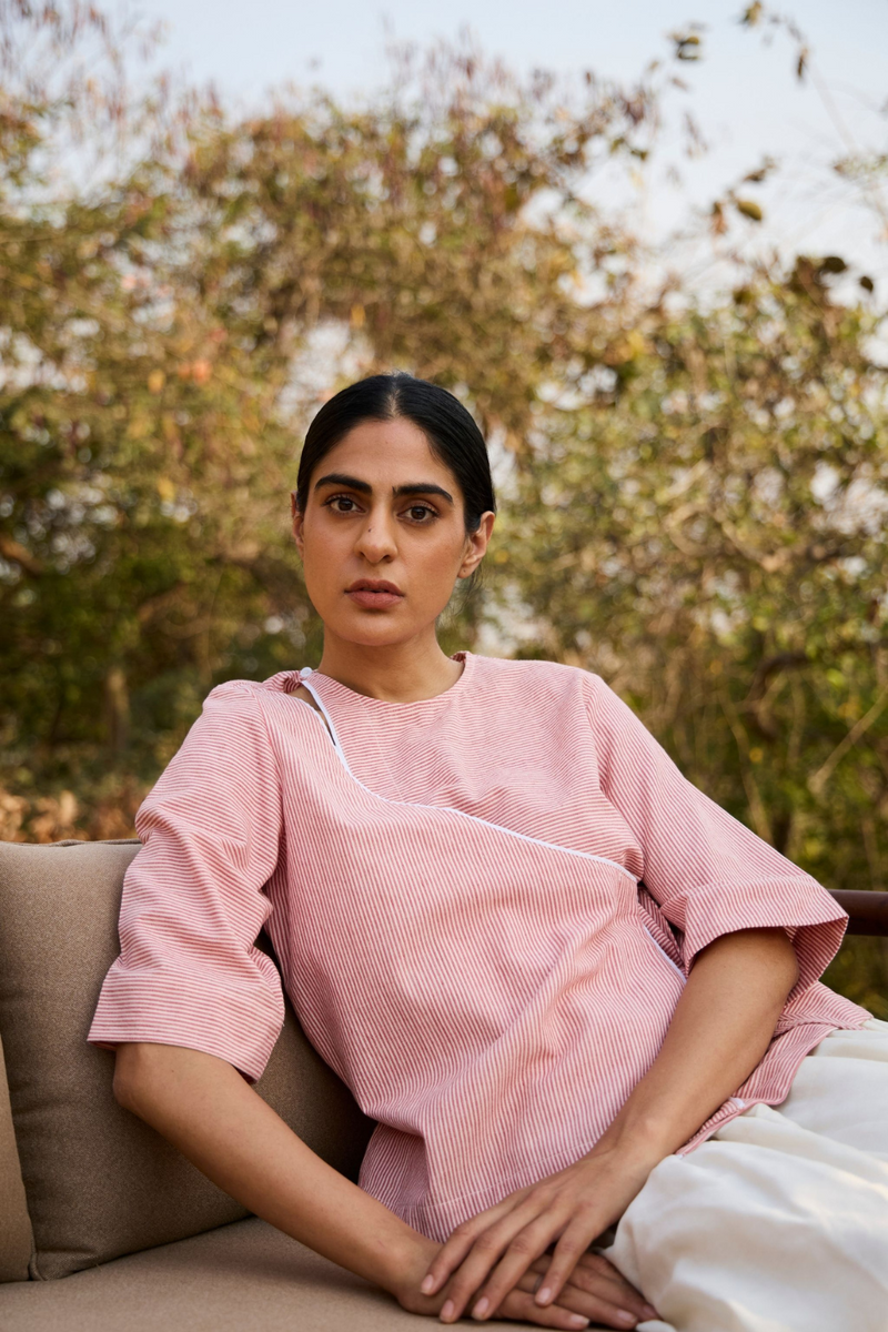 Cinta Handwoven Red Striped Tie Top cotton by The Summer House in red color for women in Singapore