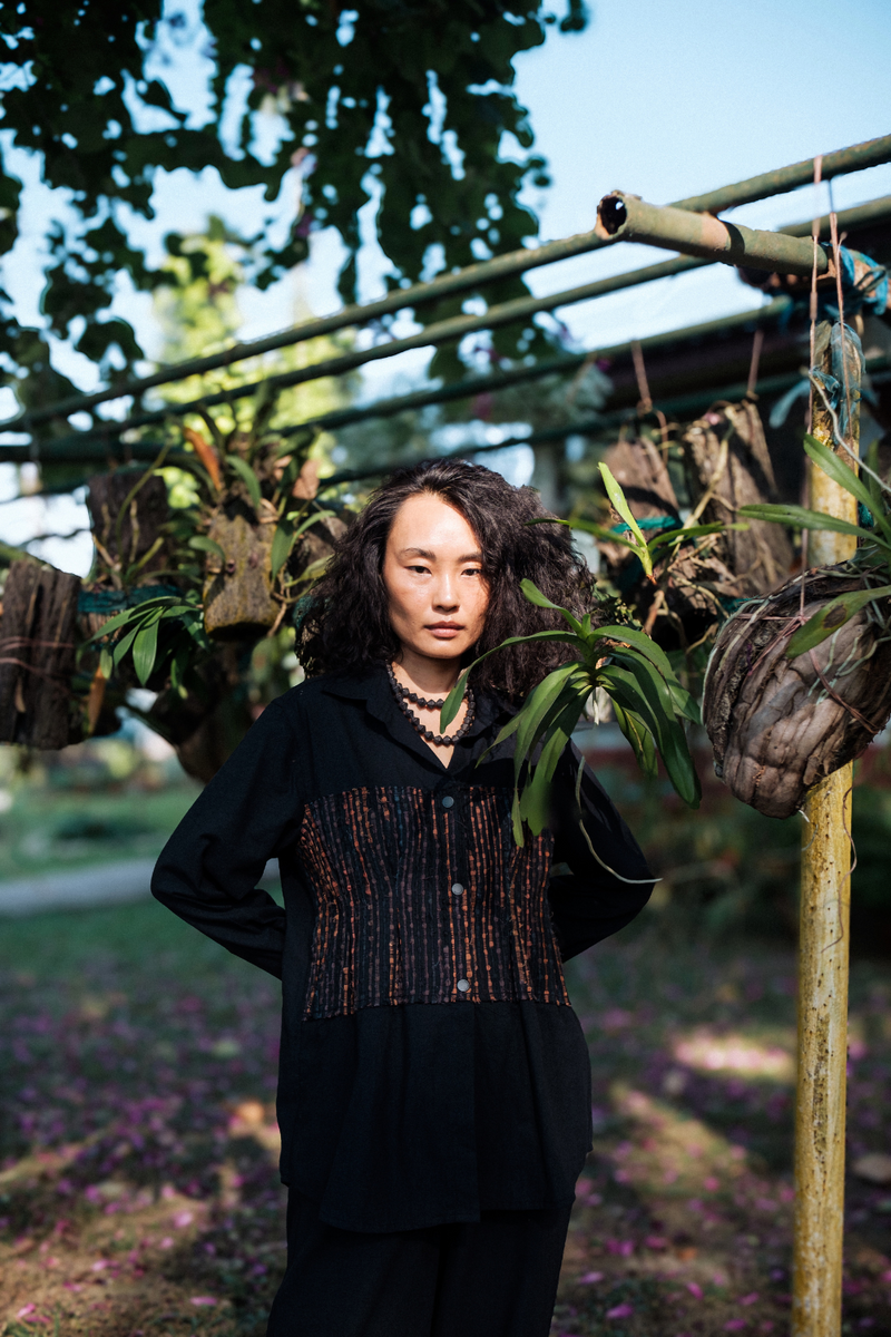 Upcycled Handwoven Hunza Shirt - Black Copper cotton by The Terra Tribe in black color for women in Singapore