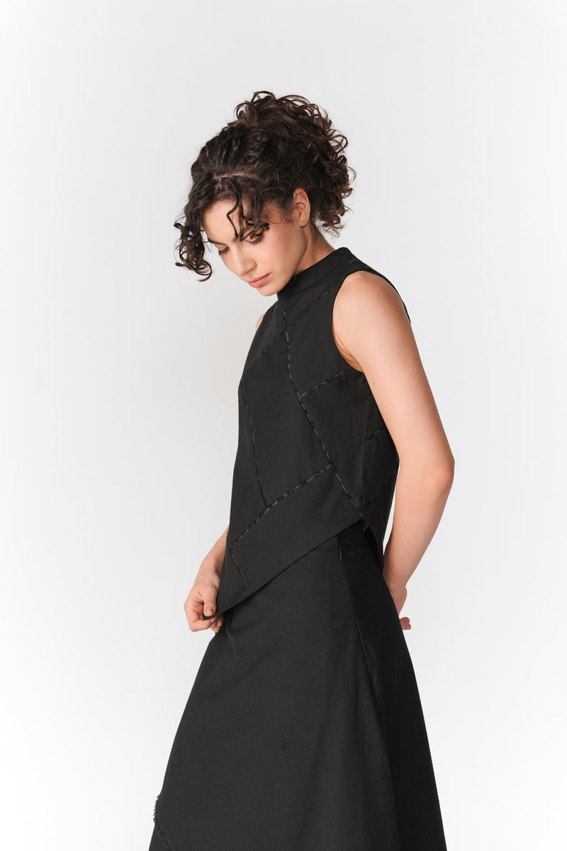 Patchwork Asymmetric Hem Top top/shirt by Turn Black in black for women in Singapore