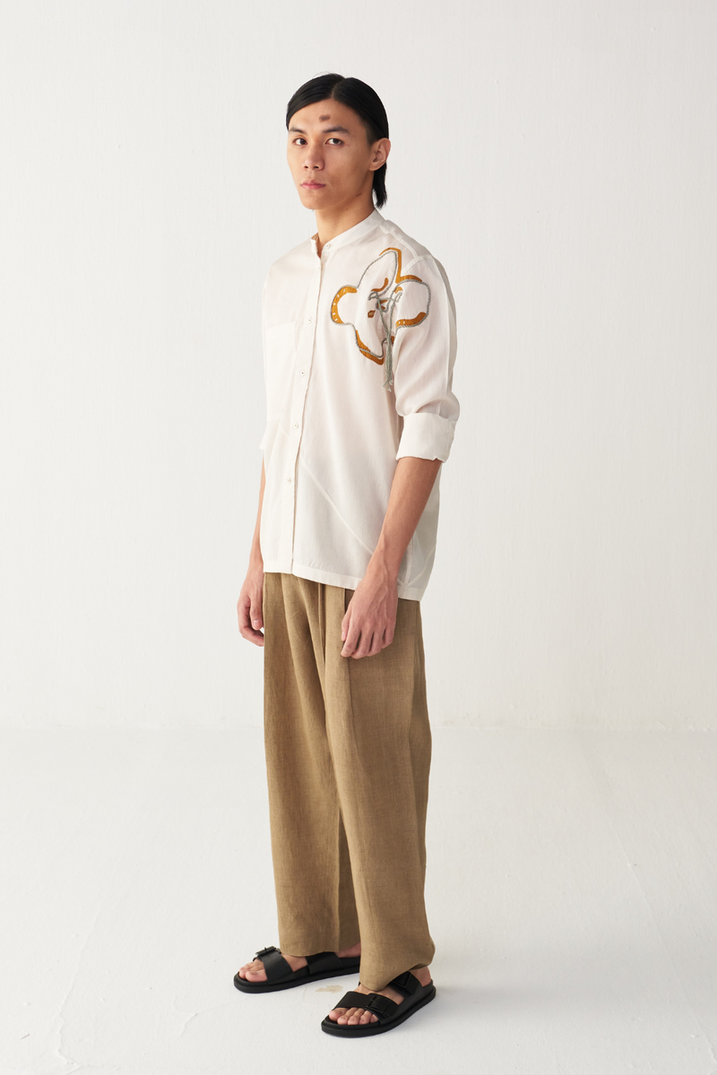 FLORAL ROPE EMB. SHIRT chanderi by THREE Men in ivory color for men in Singapore