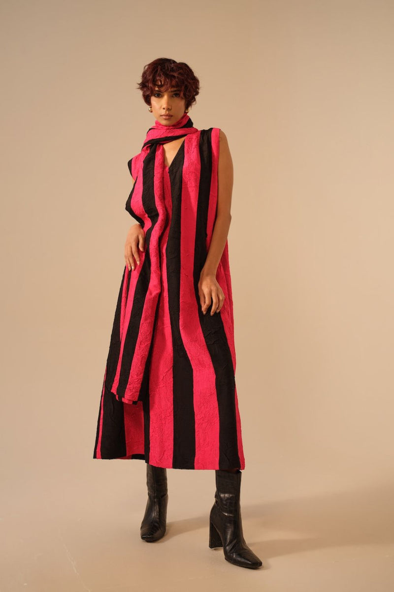 Twin Scarf-Pink + Black crushed silk scarf by Stoique in pink, black for women in Singapore