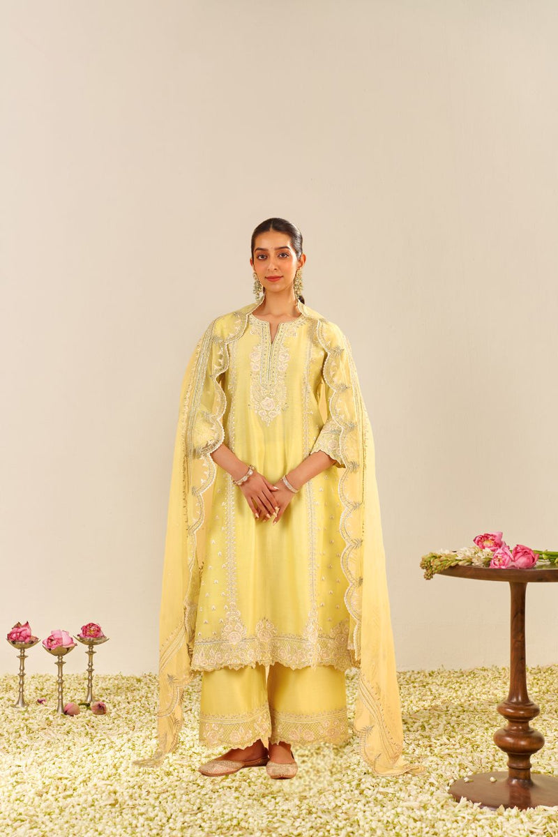 Sumaiya - A-Line Kurta With Palazzo And Dupatta-Lemon Yellow silk by SHEETAL BATRA in yellow color for women in Singapore