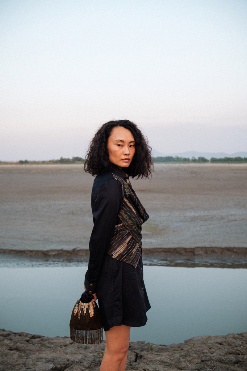 Upcycled Seattle Wrap Short Dress - Black Green cotton by The Terra Tribe in green color for women in Singapore