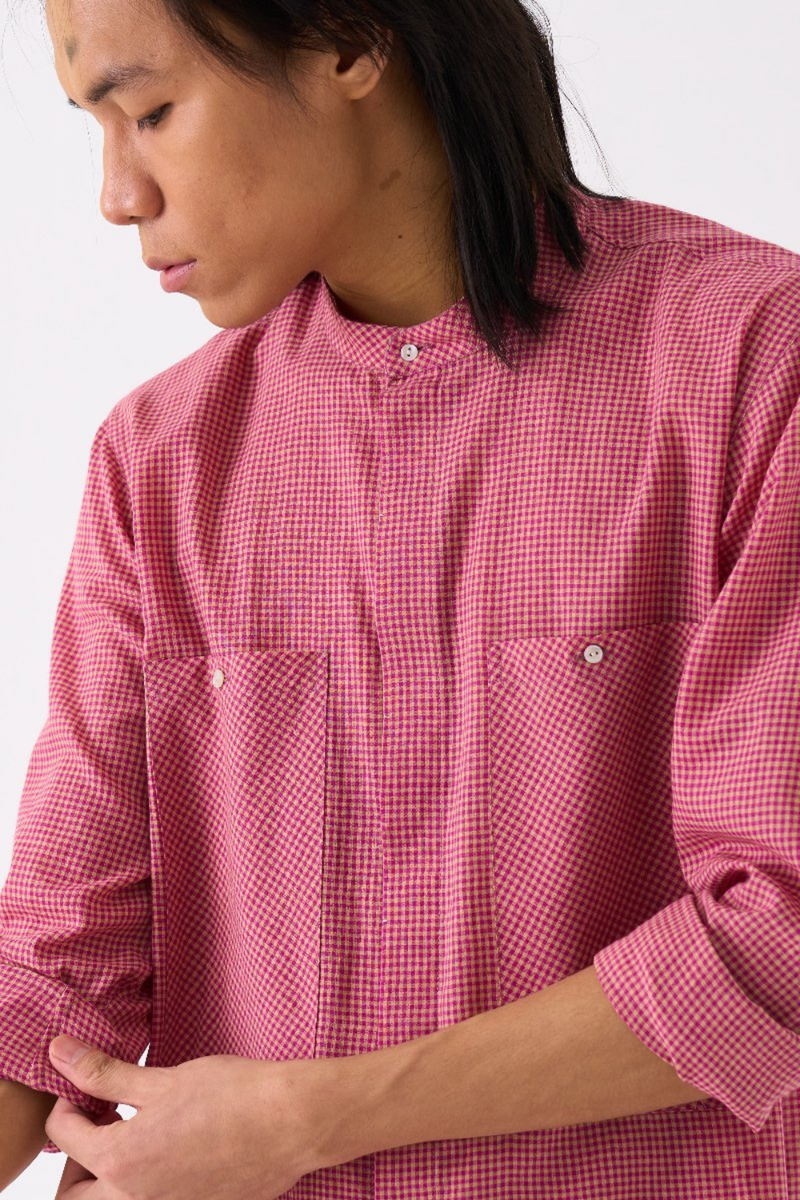 BAND COLLAR SHIRT - PINK CHECK by THREE Men for men in Singapore