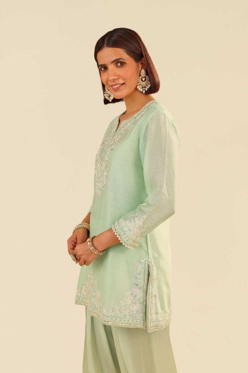 Haniya - Short Kurta With Salwar And Dupatta-Mint Green silk by SHEETAL BATRA in mint color for women in Singapore