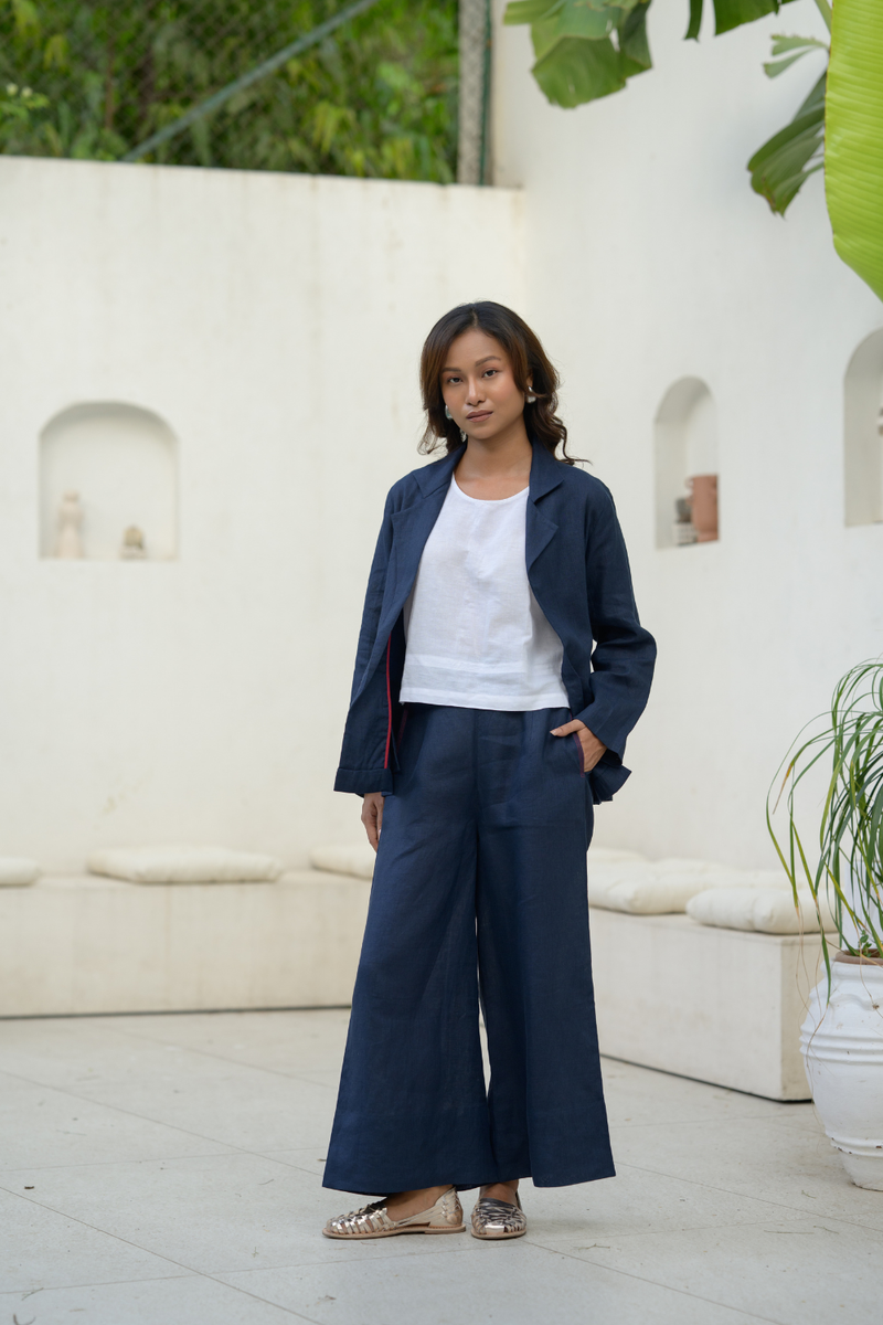 Midnight Line Suit linen co-ord set by Zanzibar Living in midnight blue for women in Singapore
