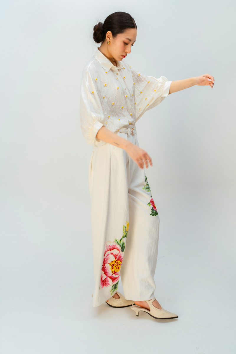 PETAL VALLEY TROUSER handwoven denim pant/trouser by Ode to Odd in off white for women in Singapore
