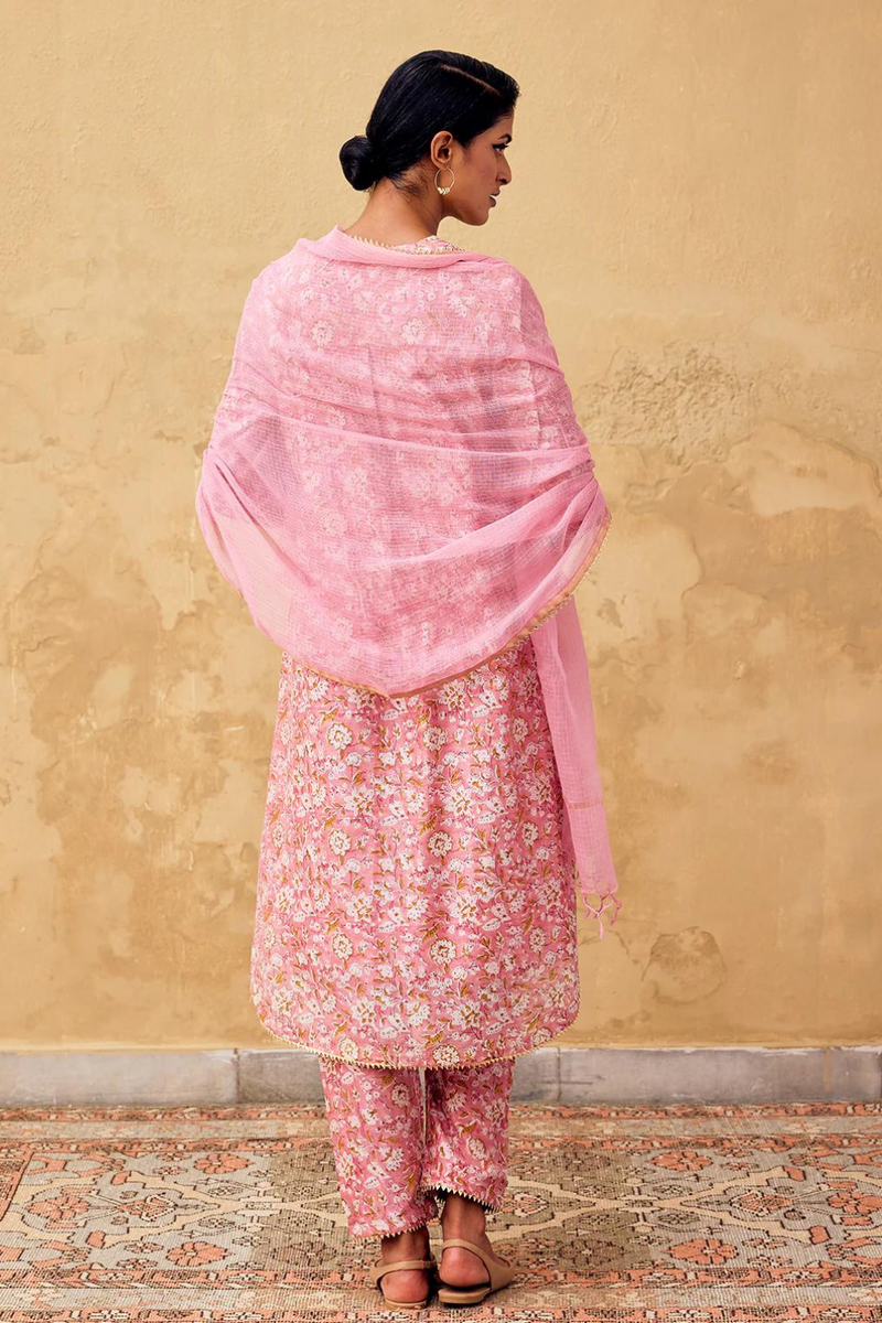 Komal Kurta Set with Dupatta chanderi by Khara Kapas in pink for women in Singapore