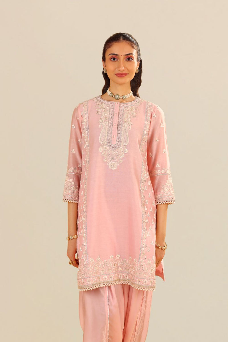 Zaisha - Short Kurta With Dhoti-Blush Pink silk by SHEETAL BATRA in blush color for women in Singapore